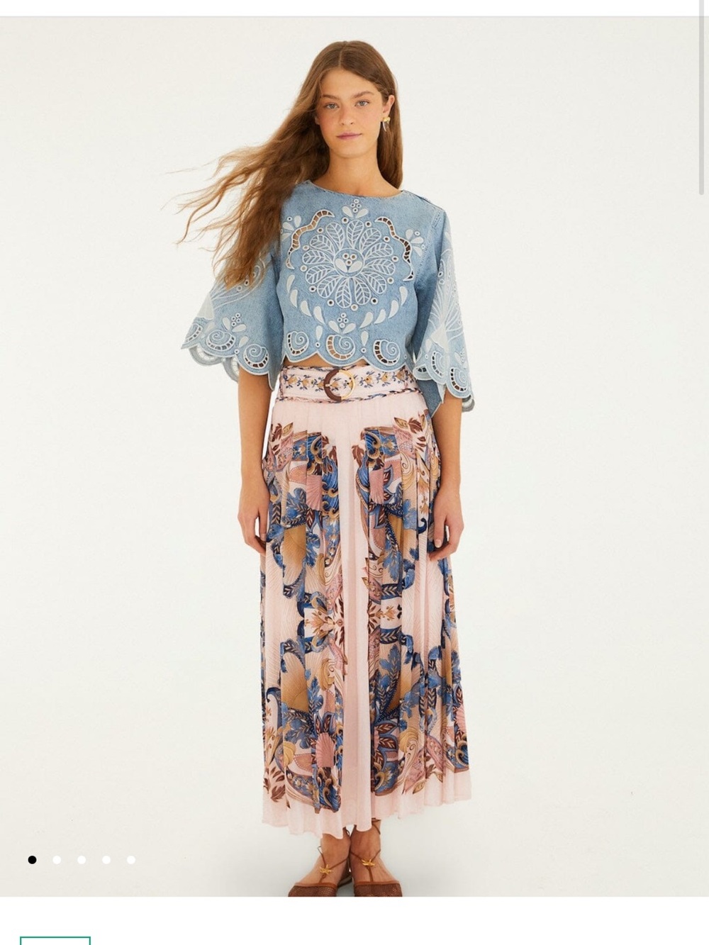 FARM Rio Pink Pleated Maxi Skirt with Shell themed Blue and Brown Floral Panels